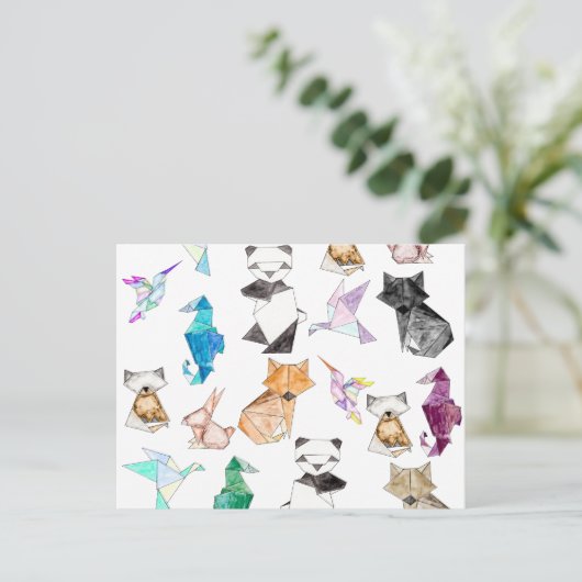 かわいい手描き幾何学模様の折り紙動物 ポストカード (スタンド正面)
