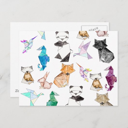 かわいい手描き幾何学模様の折り紙動物 ポストカード (正面/裏面)