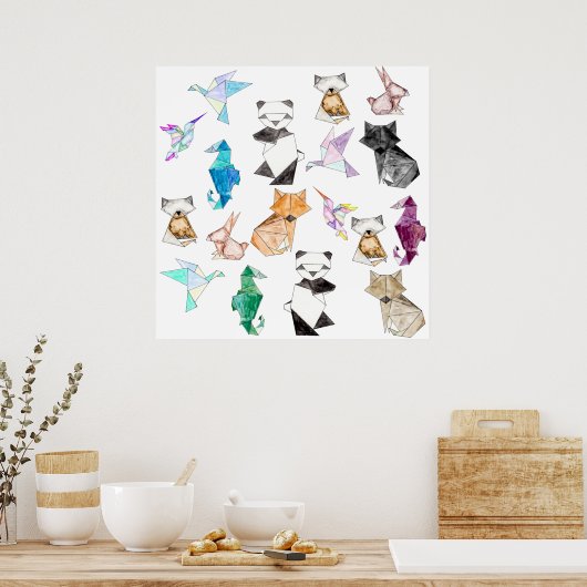 かわいい手描き幾何学的紙折り紙動物 ポスター (キッチン)