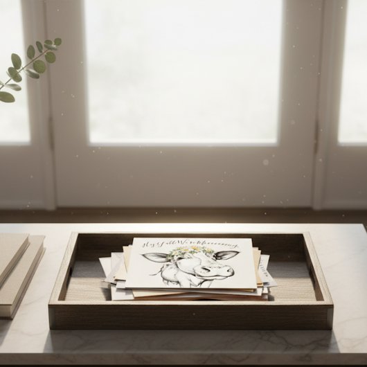 かわいい手描き牛のデイジー動く発表 ポストカード