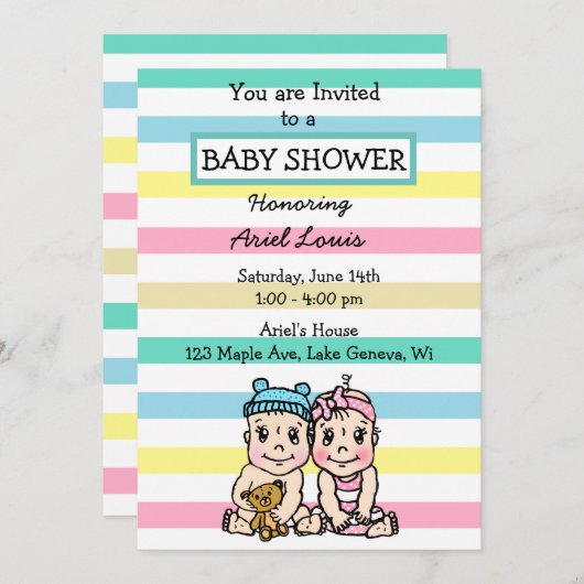 かわいい手描き男の子と女の子ツインベビーシャワー 招待状 (正面/裏面)