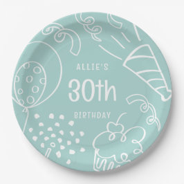 かわいい手描き誕生日バルーンAny Age Aqua ペーパープレート