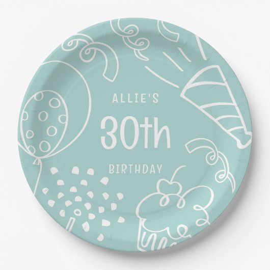 かわいい手描き誕生日バルーンAny Age Aqua ペーパープレート (正面)