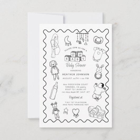 かわいい手描き赤ちゃんシャワー 招待状 (正面)