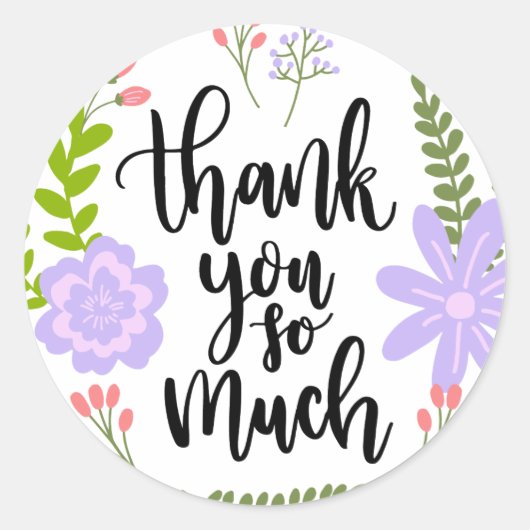 かわいい手書きの花のタイポグラフィ心からの感謝 ラウンドシール (正面)