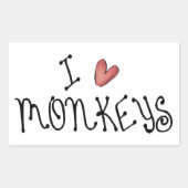 かわいい手書きタイポグラフィーで「I Love Monkeys」 長方形シール (正面)