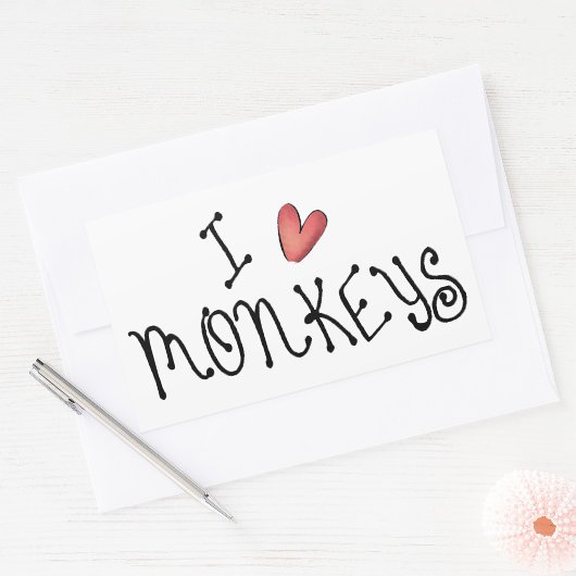 かわいい手書きタイポグラフィーで「I Love Monkeys」 長方形シール