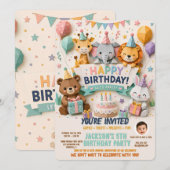 かわいい折り紙動物の誕生日招待状 招待状 (正面/裏面)