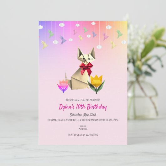 かわいい折り紙猫と鶴エイジ誕生日パーティー 招待状 (スタンド正面)