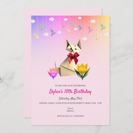 かわいい折り紙猫と鶴エイジ誕生日パーティー 招待状 (正面/裏面)