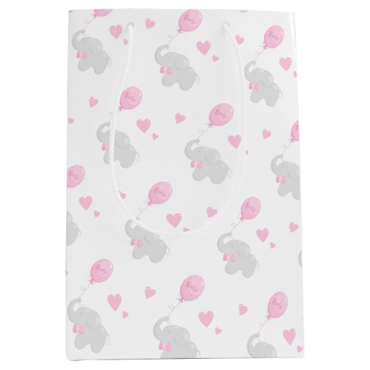 かわいい抱き枕赤ちゃんシャワー女の子エレファントバルーン ミディアムペーパーバッグ (正面)