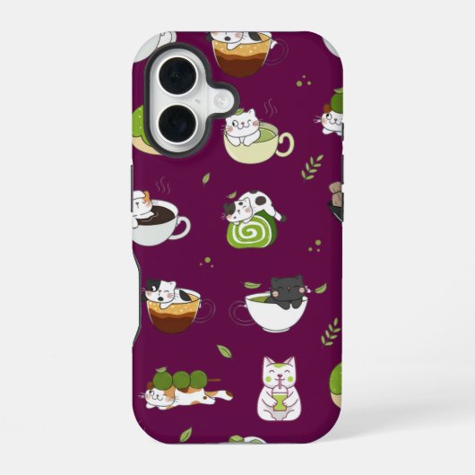 かわいい抹茶猫のシームレスパターン iPhone 16ケース (裏面)