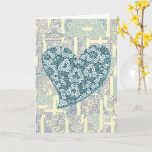 かわいい抽象的なブルーハートバレンタインアート カード (黄色い花)