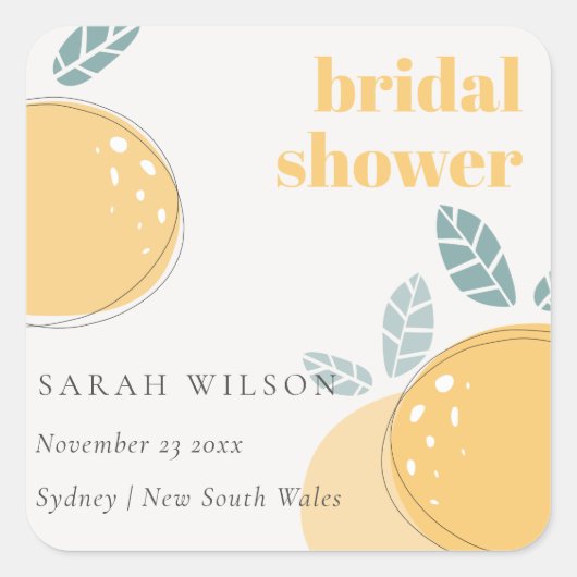 かわいい抽象的なレモンのフルーティーな大胆なウェディングシャワー スクエアシール (正面)