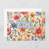 かわいい抽象的な水彩花の誕生日 ポストカード (正面/裏面)