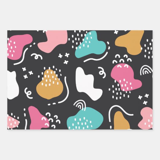 かわいい抽象的な落書き花の縞模様 ラッピングペーパーシート (正面3)