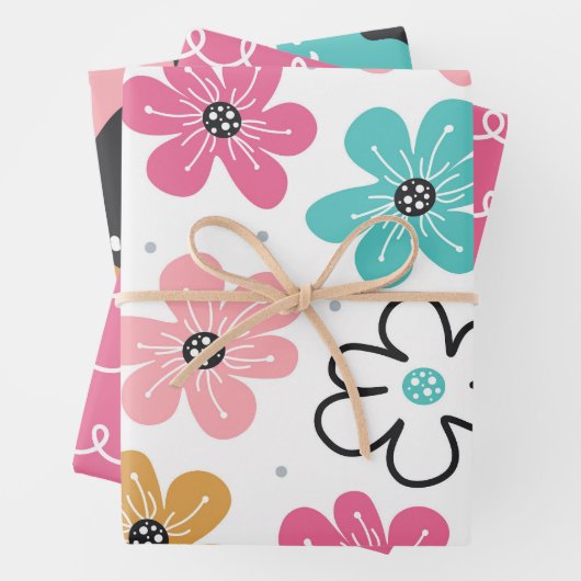 かわいい抽象的な落書き花の縞模様 ラッピングペーパーシート (インサイチュ)