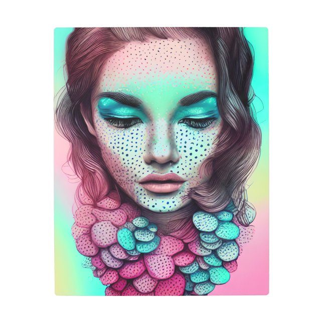 かわいい抽象芸術お洒落レトロボホポップ・アートのアートウーマン メタルプリント (正面)