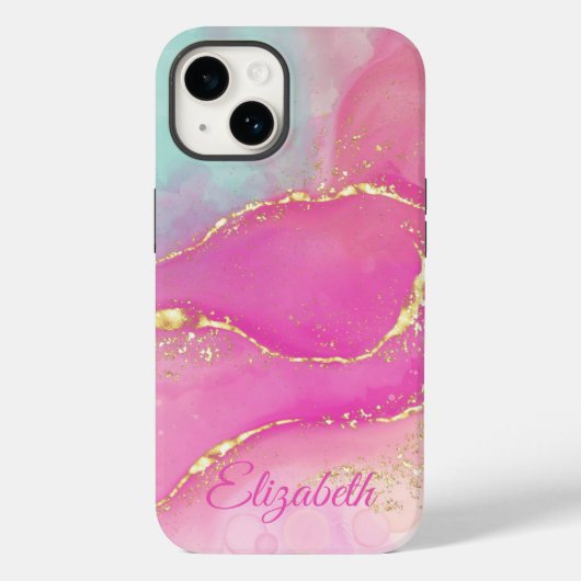 かわいい抽象芸術アルコールインク、ピンクターコイズ、金ゴールド Case-Mate iPhoneケース (裏面)
