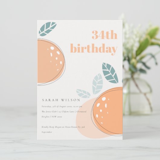 かわいい抽象芸術オレンジフルーティはっきりした任意の年齢誕生日 招待状 (スタンド正面)