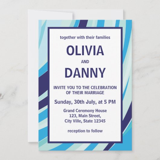 かわいい抽象芸術ブルーストライプビーチ結婚式 招待状 (正面)