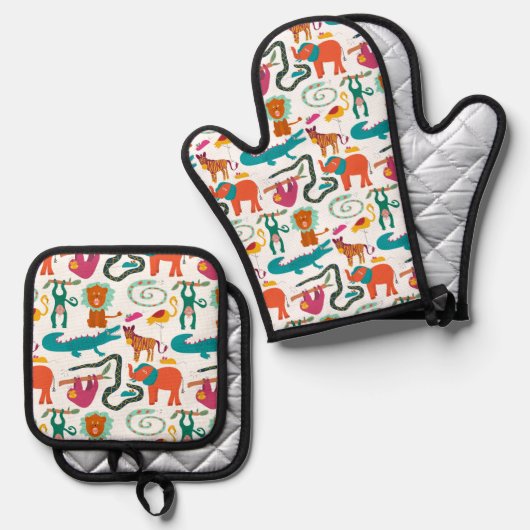 かわいい抽象芸術動物キッズパターン 鍋つかみ&鍋敷きセット (正面/裏面)
