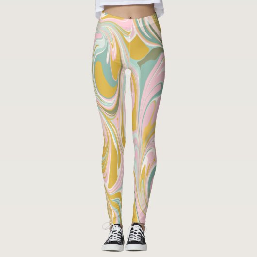 かわいい抽象芸術大理石の渦巻き自然ピンクと金ゴールド レギンス (正面)