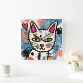かわいい抽象芸術絵を描アートキャット スクエア壁時計 (ホーム)