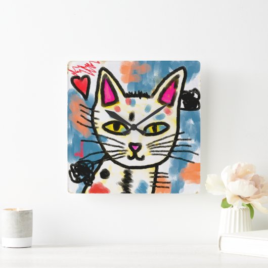 かわいい抽象芸術絵を描アートキャット スクエア壁時計 (ホーム)