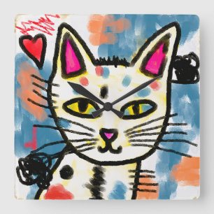 かわいい抽象芸術絵を描アートキャット スクエア壁時計