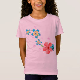 かわいい抽象芸術蝶オンピンクと青の花 Tシャツ