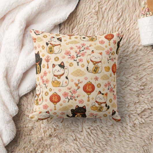 かわいい招き猫のラッキーキャット クッション (ブランケット)