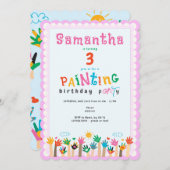 かわいい指絵を描のピンクの女の子アート誕生日パーティー 招待状 (正面/裏面)