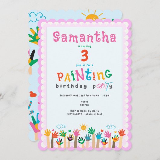 かわいい指絵を描のピンクの女の子アート誕生日パーティー 招待状 (正面/裏面)