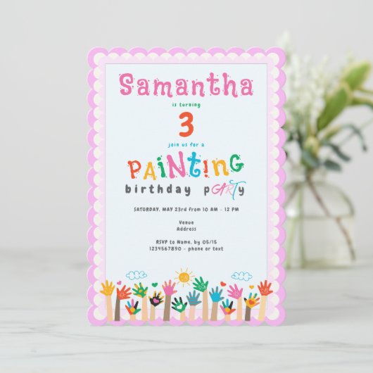 かわいい指絵を描のピンクの女の子アート誕生日パーティー 招待状 (スタンド正面)