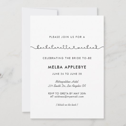 かわいい接続ハートフォントバチェロレッテ週末 招待状 (正面)