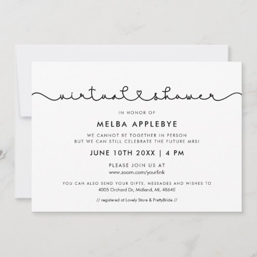 かわいい接続ハートフォント仮想ブライダルシャワー 招待状 (正面)