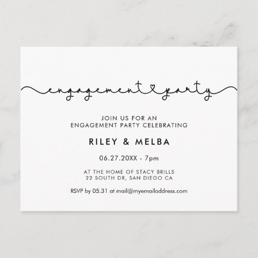 かわいい接続ハートフォント婚約パーティ ポストカード (正面)