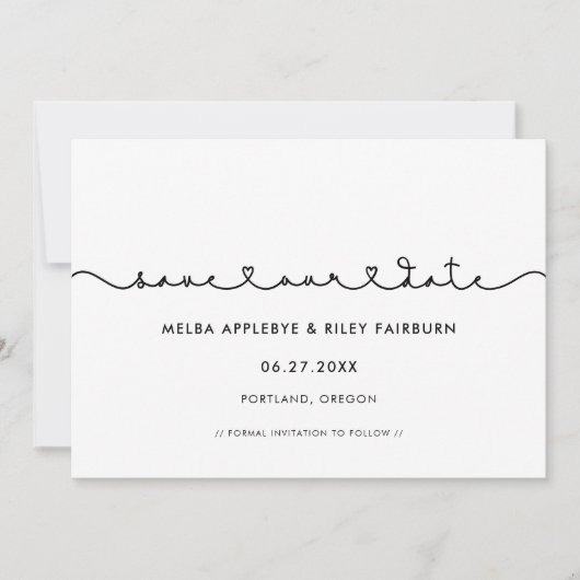 かわいい接続ハート救フォント私たちの日付カード セーブザデート (正面)