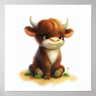 かわいい描写若い牛の3D画像 ポスター