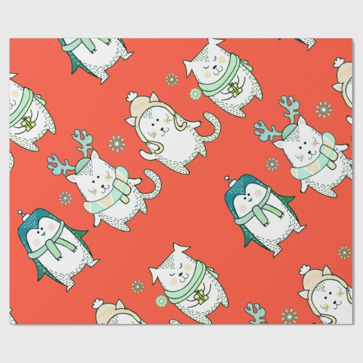 かわいい描動物のクリスマスラッピング ラッピングペーパー (フラット)