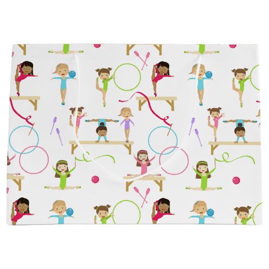 かわいい数々の体操キッズパターン ラージペーパーバッグ (正面)
