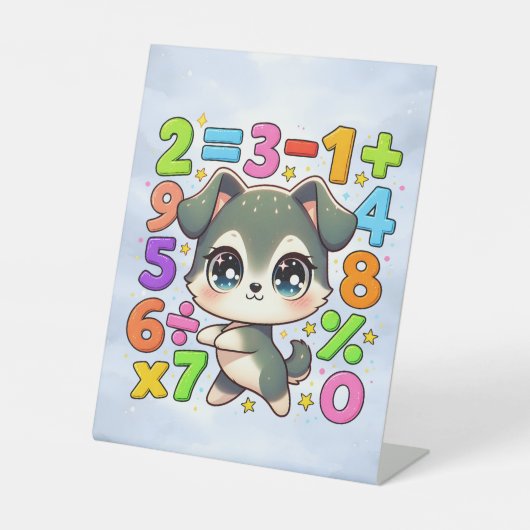 かわいい数学の子犬の数字のキッズ向けデスクアート 台座サイン (正面)