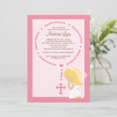 かわいい数珠の最初聖餐の招待状の女の子のピンク 招待状 (スタンド正面)