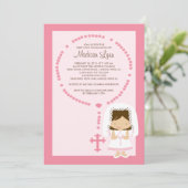 かわいい数珠の最初聖餐の招待状の女の子のピンク 招待状 (スタンド正面)
