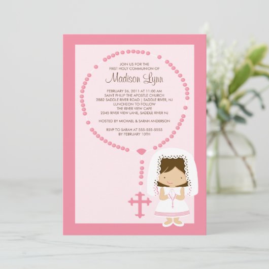 かわいい数珠の最初聖餐の招待状の女の子のピンク 招待状 (スタンド正面)