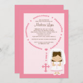 かわいい数珠の最初聖餐の招待状の女の子のピンク 招待状 (正面/裏面)