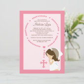 かわいい数珠の最初聖餐の招待状の女の子のピンク 招待状 (スタンド正面)