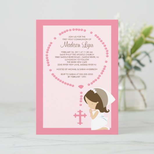 かわいい数珠の最初聖餐の招待状の女の子のピンク 招待状 (スタンド正面)
