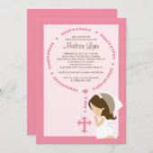 かわいい数珠の最初聖餐の招待状の女の子のピンク 招待状 (正面/裏面)